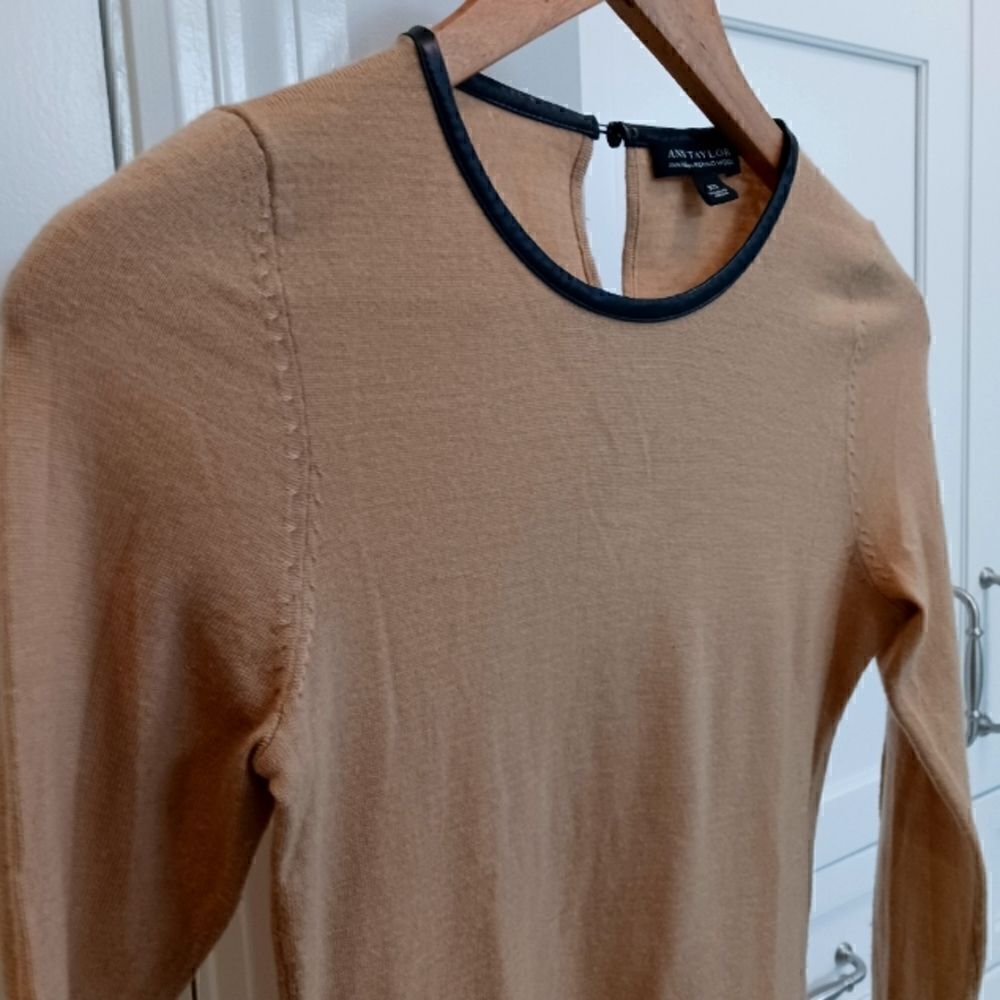 Ann Taylor Merino Wool Sweater with Faux Leather Black Trim in  Camel - Picture 2 of 11